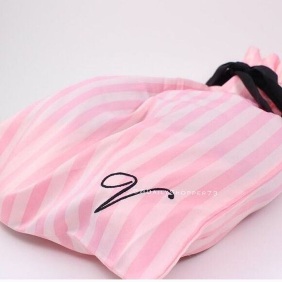 VICTORIA'S SECRET SIGNATURE SATIN SLIPPERS PINK STRIPE WITH FAUX FUR SLIPPER - Picture 7 of 13